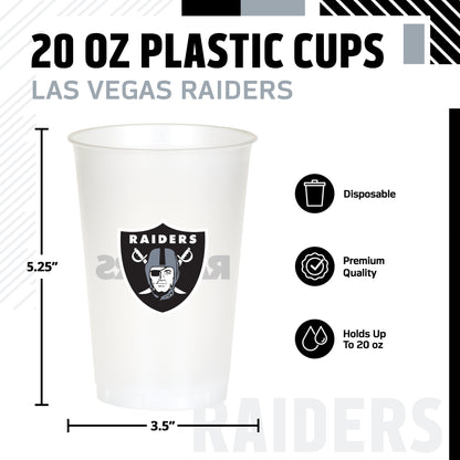 Las Vegas Raiders themed 20oz cup featuring a Raiders logo with 'RAIDERS' text on the back. The image includes product specifications and feature icons on a white background.