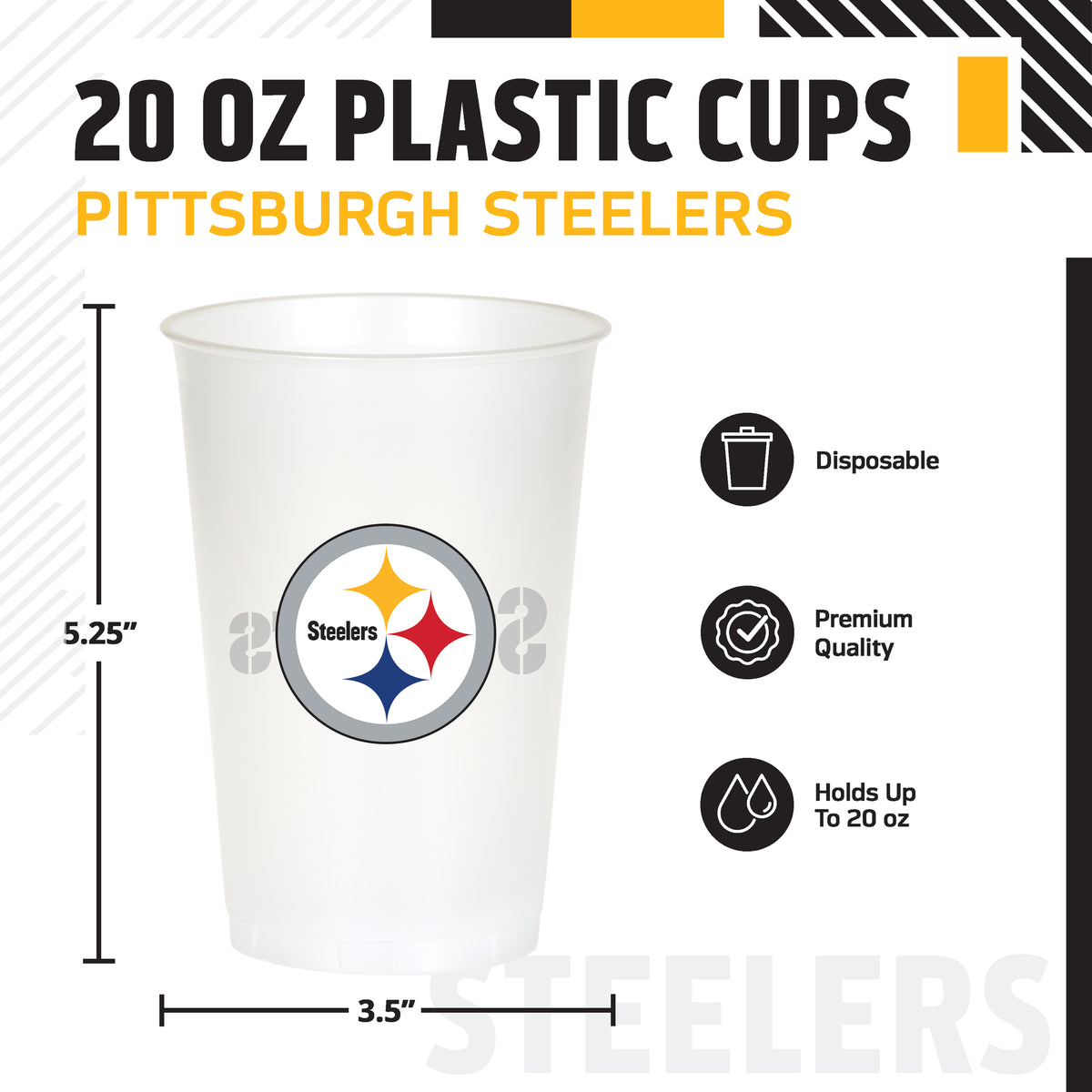 Officially Licensed Pittsburgh Steelers NFL Football 20 oz Plastic Cups 96 ct Bulk