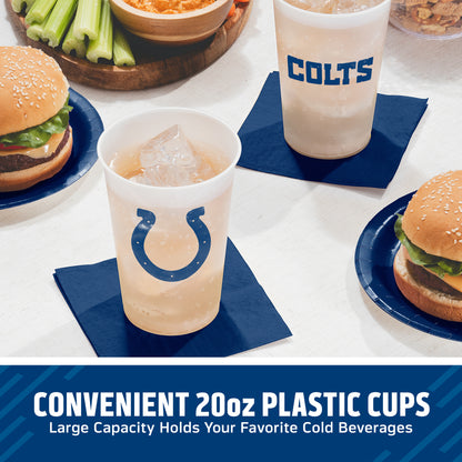 Three clear 20oz plastic cups with blue Indianapolis Colts logos, shown on blue napkins with burgers, celery, and a drink on a table. Text at the bottom reads 'CONVENIENT 20oz PLASTIC CUPS Large Capacity Holds Your Favorite Cold Beverages.