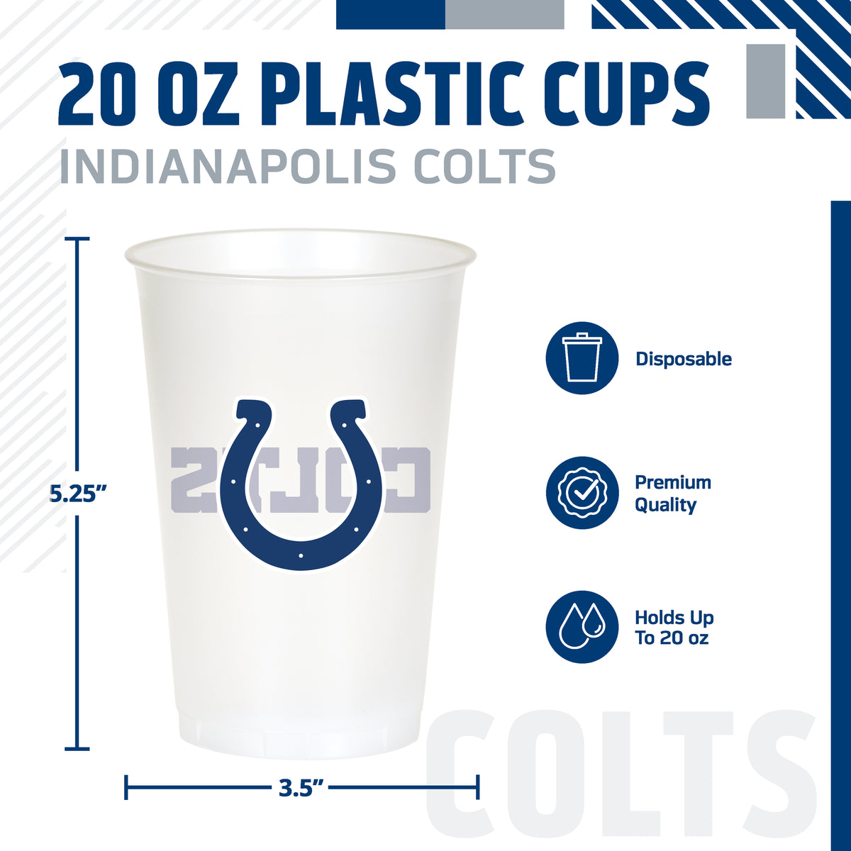 Indianapolis Colts themed 20oz cup featuring a blue horseshoe logo with 'COLTS' text on the back. The image includes product specifications and feature icons on a white background
