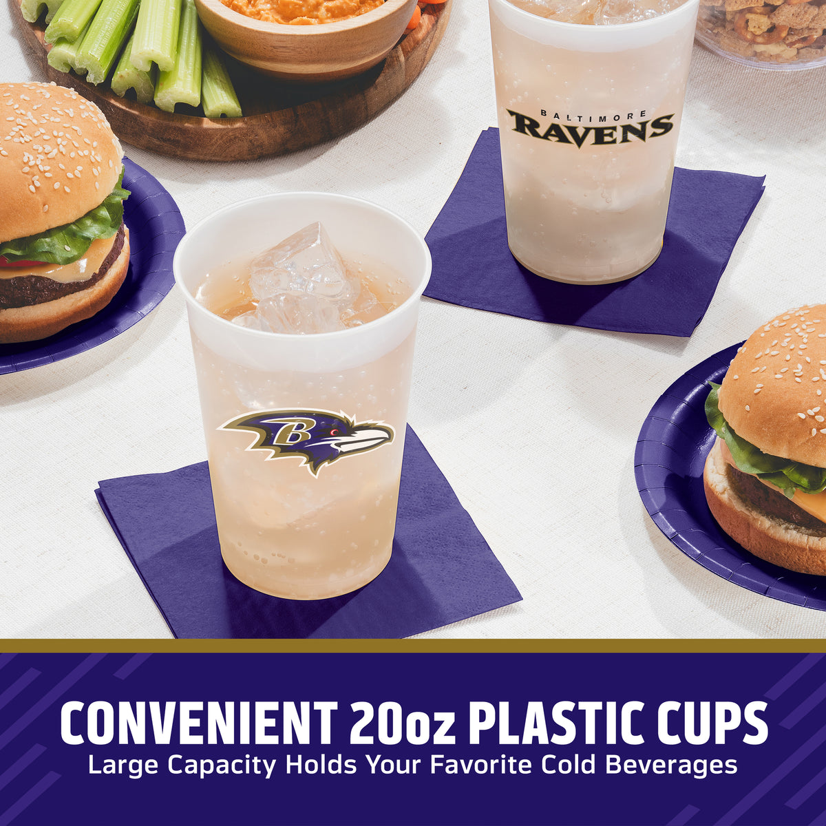 Baltimore Ravens cups on a table surrounded by food and plates on a table. Banner along the bottom features text saying "Convenient 20oz Plastic Cups".