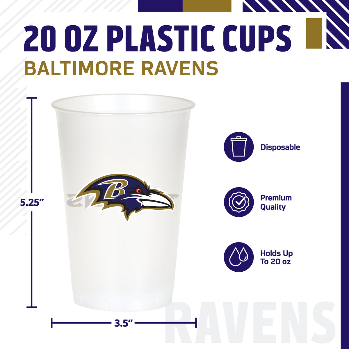 Plastic Baltimore Ravens cup infographic with product dimensions and quality features listed