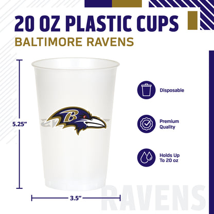 Plastic Baltimore Ravens cup infographic with product dimensions and quality features listed