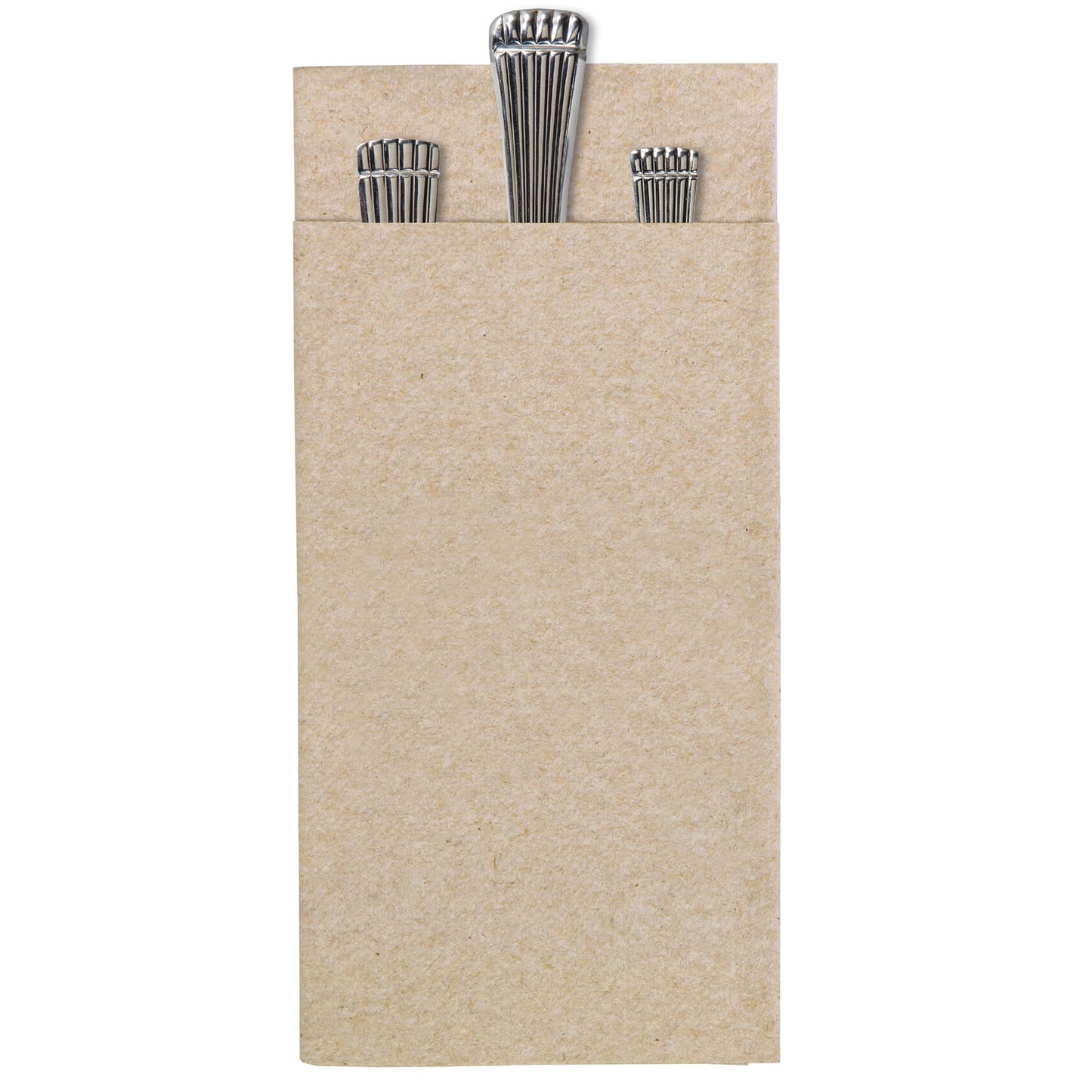 Light brown quickset napkin with metal cutlery on a white background