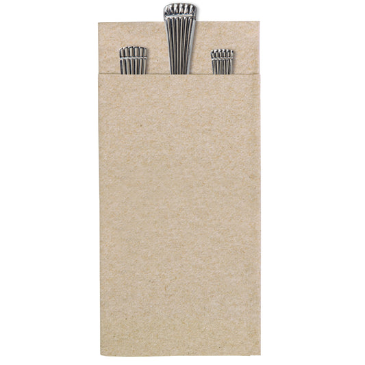 Light brown quickset napkin with metal cutlery on a white background