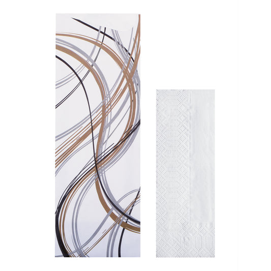 Napkin with cutlery pouch featuring an abstract swirl design on a white background