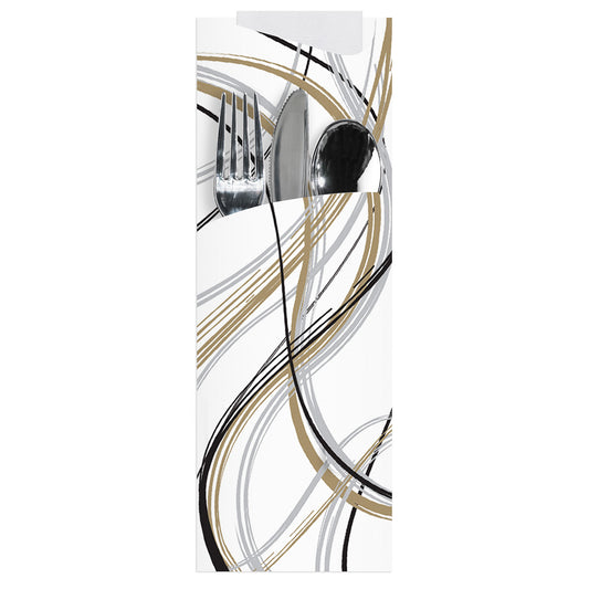 Paper cutlery pouch with abstract design with cutlery inside on a white background