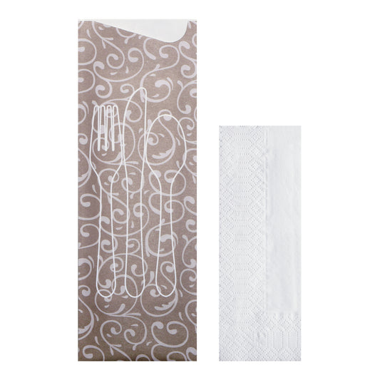 Decorative cutlery pouch with intricate pattern and plain white napkin on a white background