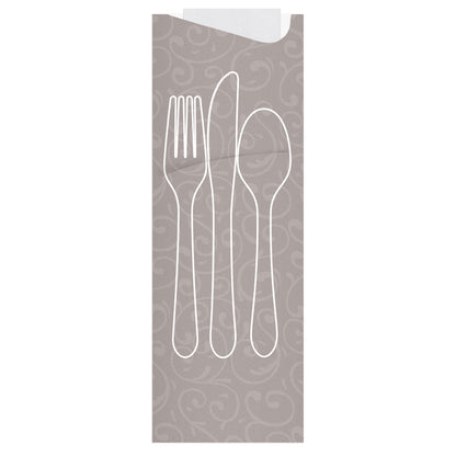 Napkin with cutlery design on a gray swirl patterned background