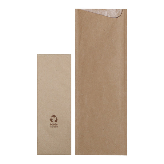 Brown cutlery pouch with brown napkin that features a recycling logo on a white background