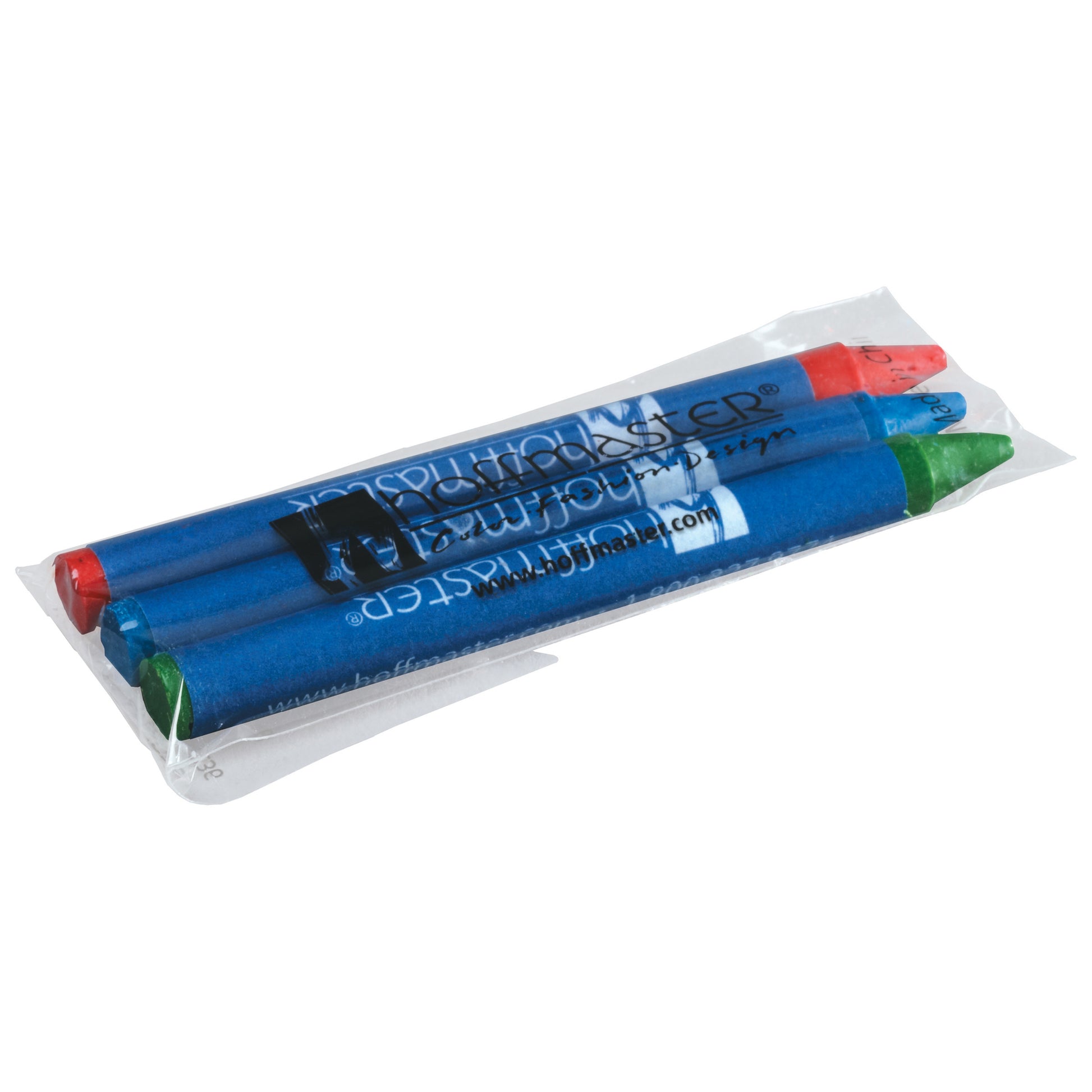 Three crayons in clear plastic packaging on a white background