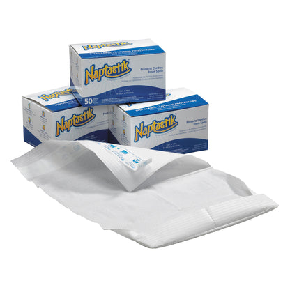 Naptastik packaging with white clothing protectors on a white background