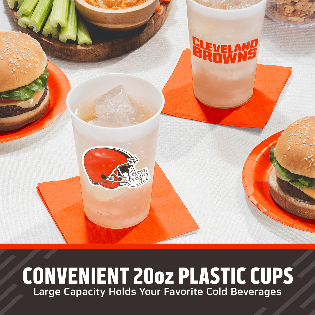 Cleveland Browns cups on a table with matching napkins and plates surrounded by food. "Convenient 20oz Plastic Cups" text is featured along the bottom.