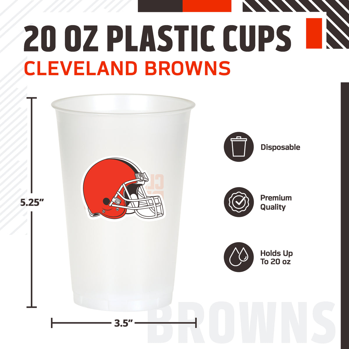 A 20 oz disposable plastic cup featuring the Cleveland Browns helmet logo, shown with dimension lines indicating 5.25 inches in height and 3.5" in width.