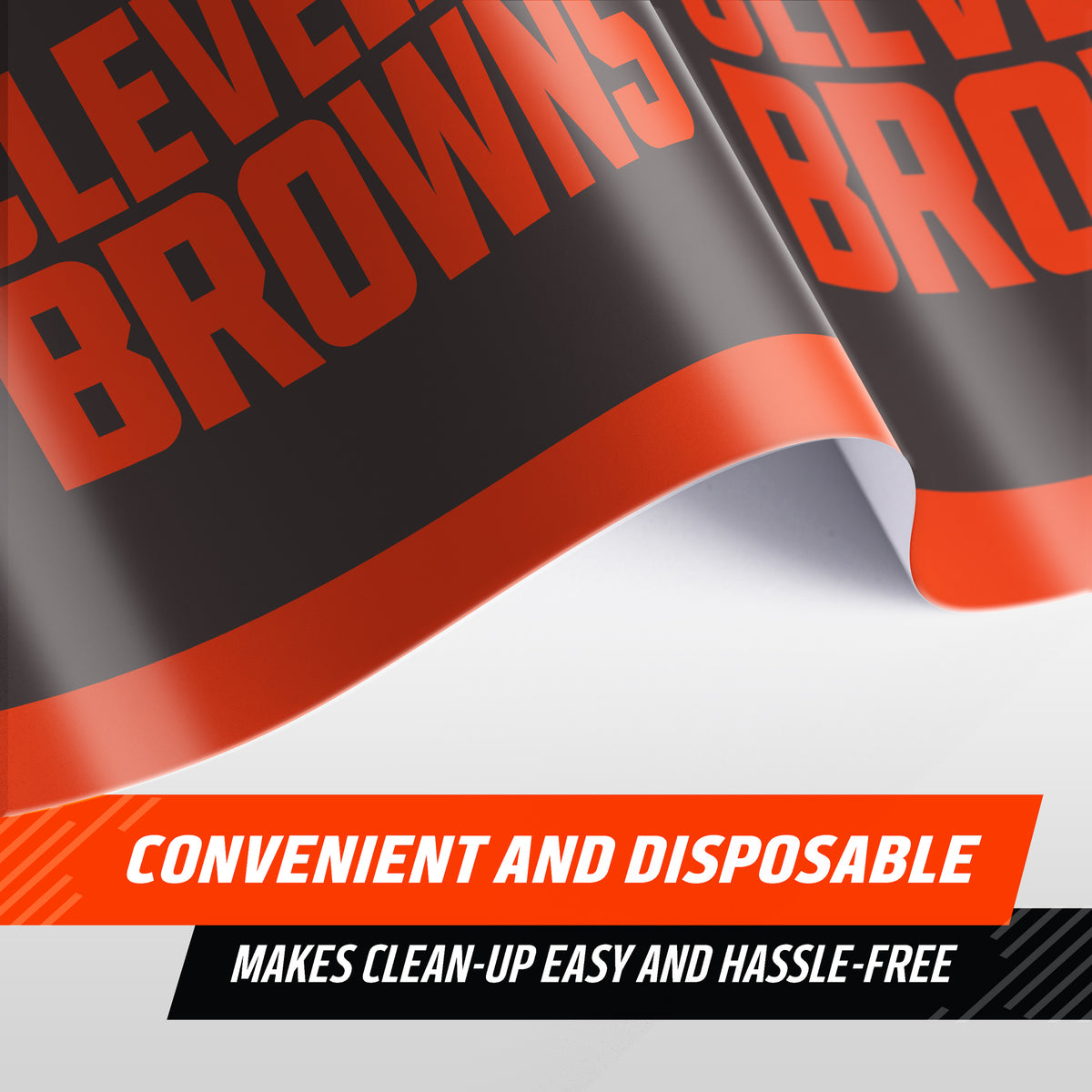 Close-up image of Cleveland Browns tablecloth with brown background and "CLEVELAND BROWNS" text. "Convenient and Disposable" text banner shows along the bottom