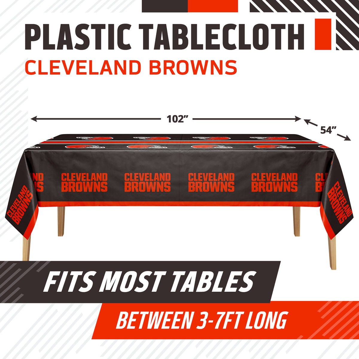 Cleveland Browns plastic tablecloth shown on a table with product dimensions and "Fits Most Tables Between 3-7ft Long" text