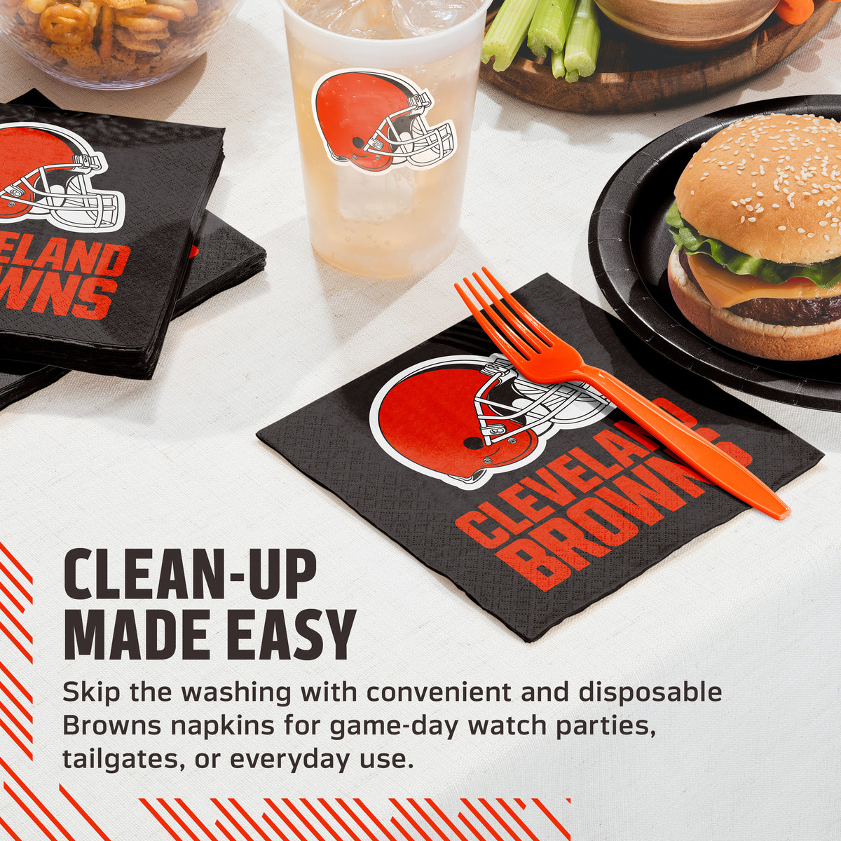 Cincinnati Bengals napkins and cups on a table with food and cup. Banner with "Clean-Up Made Easy" text along the bottom