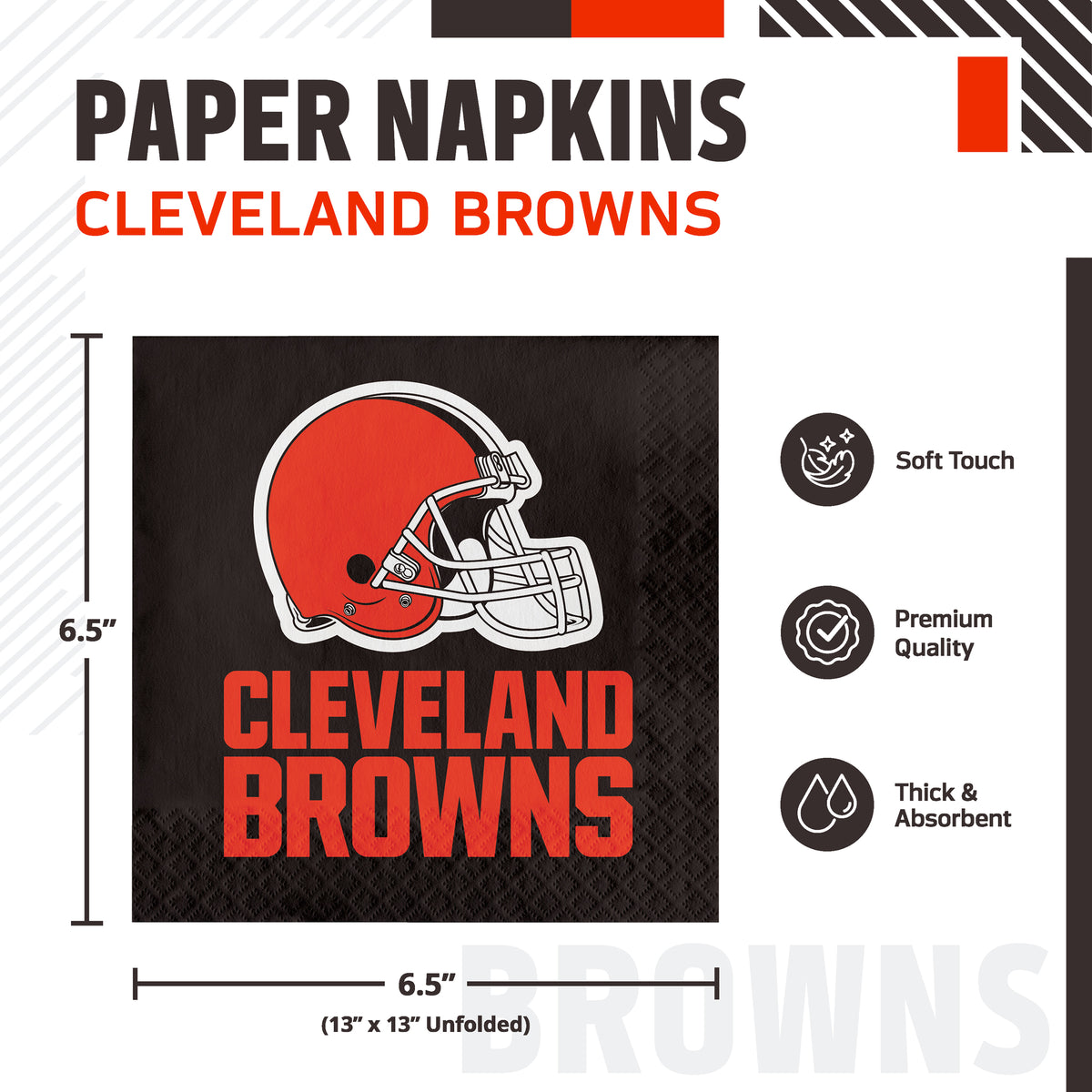 Cleveland Browns paper napkins shown in a product graphic with dimensions and feature callouts. The napkin is brown with an orange and brown football helmet and "CLEVELAND BROWNS" text beneath