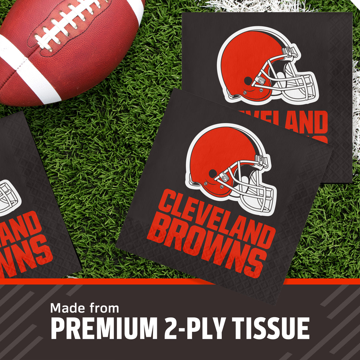 Three Cleveland Browns themed square napkins on a green turf background next to a football, with a text banner at the bottom reading 'Made from PREMIUM 2-PLY TISSUE'.