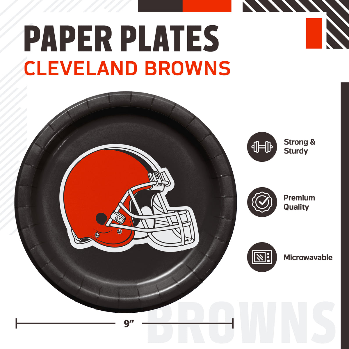 Cleveland Browns themed paper plates, featuring a 9-inch round plate with a brown background and orange football helmet in the center. The image includes product specifications and feature icons on a white background.