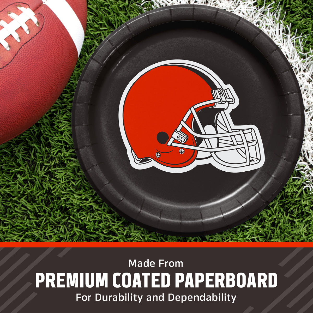 Cleveland Browns themed paper plate on a green turf background next to a football, with a text banner at the bottom reading 'Made from PREMIUM 2-PLY TISSUE'.
