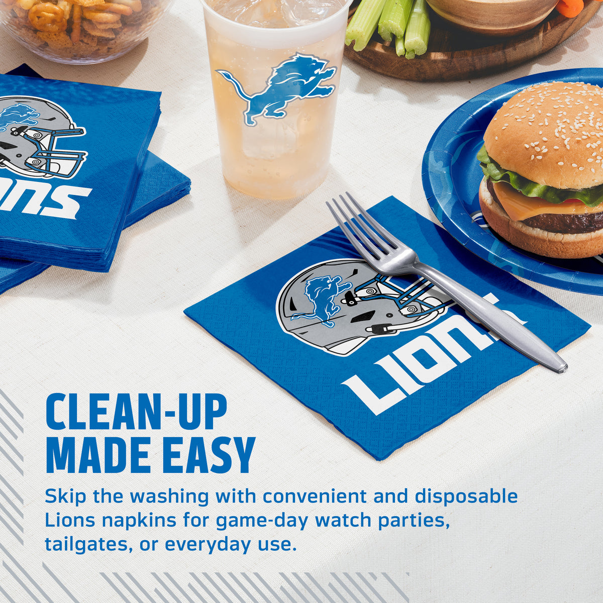 Detroit Lions napkins and cups on a table with food and cup. Banner with "Clean-Up Made Easy" text along the bottom
