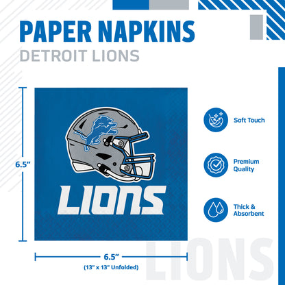 Detroit Lions paper napkins shown in a product graphic with dimensions and feature callouts. The napkin is blue with the Lions helmet logo and the word LIONS printed on it.