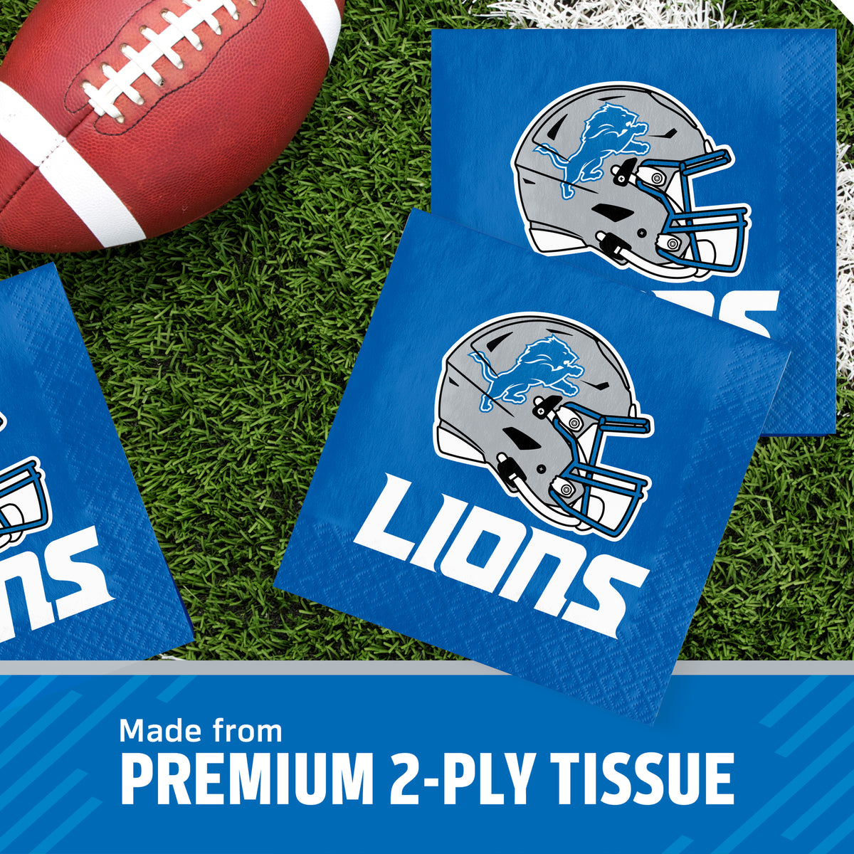 Three Detroit Lions themed square napkins on a green turf background next to a football, with a text banner at the bottom reading 'Made from PREMIUM 2-PLY TISSUE'.