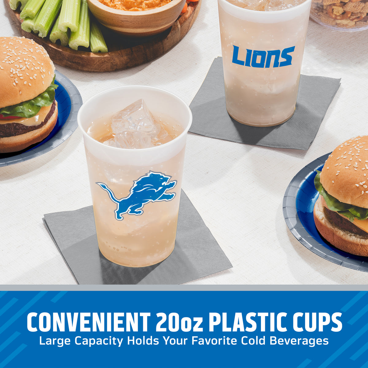 Detroit Lions cups on a table with matching napkins and plates surrounded by food. "Convenient 20oz Plastic Cups" text is featured along the bottom.