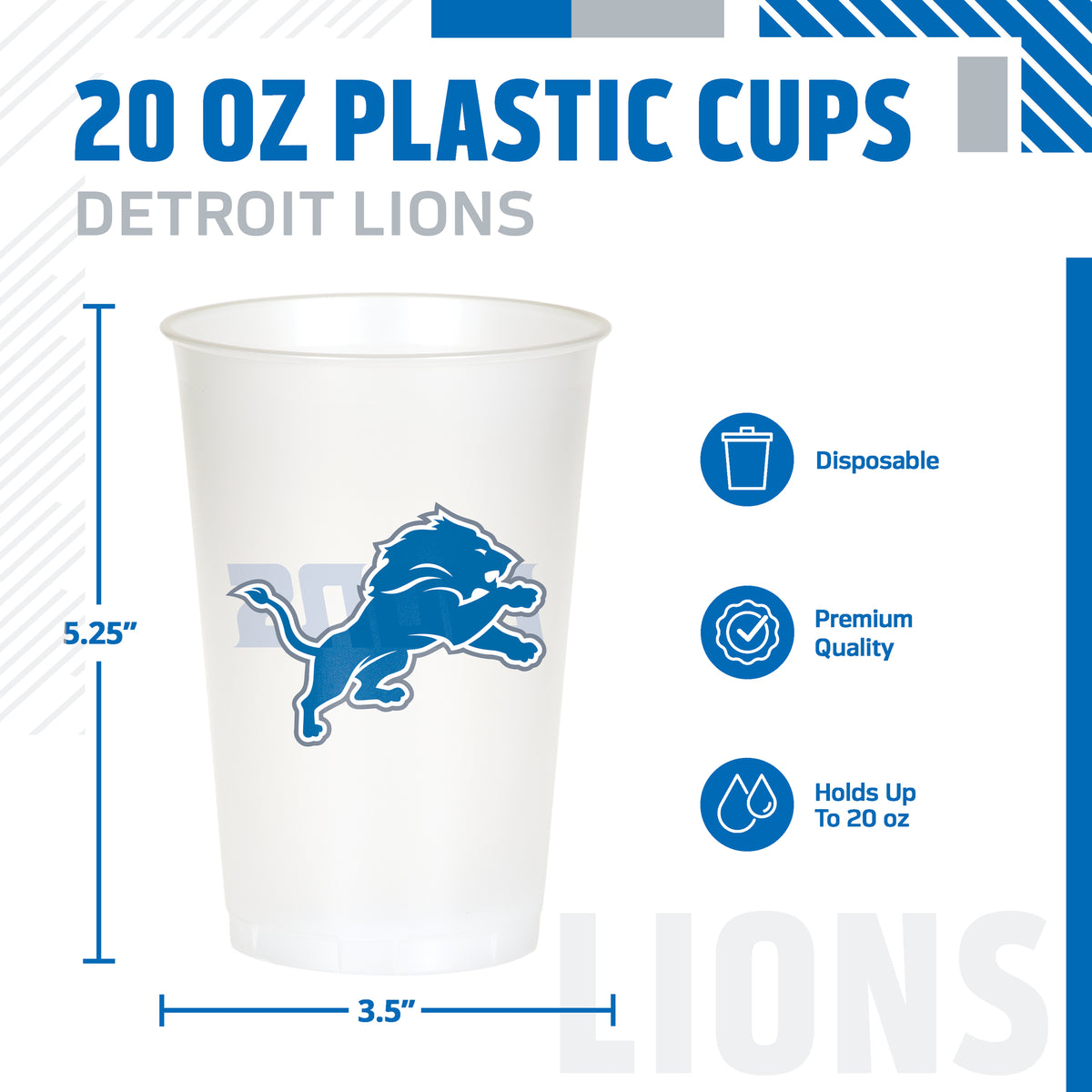 A 20 oz plastic cup featuring the Detroit Lions logo, shown with dimension markings of 5.25 inches tall and 3.5 wide.