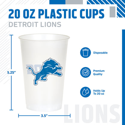 A 20 oz plastic cup featuring the Detroit Lions logo, shown with dimension markings of 5.25 inches tall and 3.5 wide.
