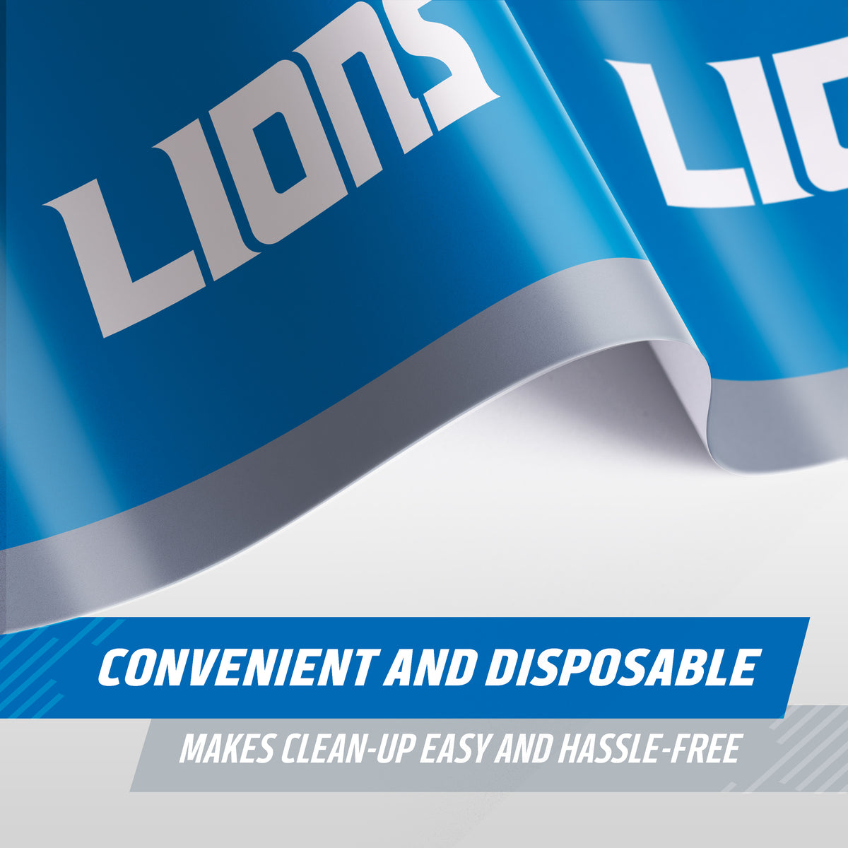 Close-up image of Detroit Lions tablecloth with blue background and "LIONS" text. "Convenient and Disposable" text banner shows along the bottom.