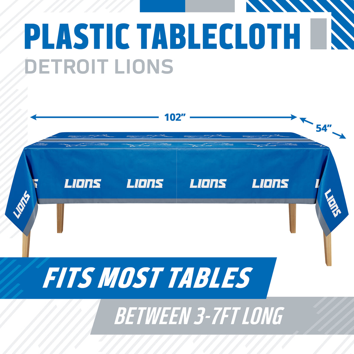 Detroit Lions plastic tablecloth shown on a table with product dimensions and "Fits Most Tables Between 3-7ft Long" text