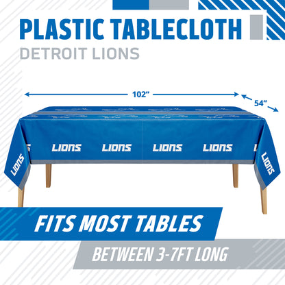 Detroit Lions plastic tablecloth shown on a table with product dimensions and "Fits Most Tables Between 3-7ft Long" text