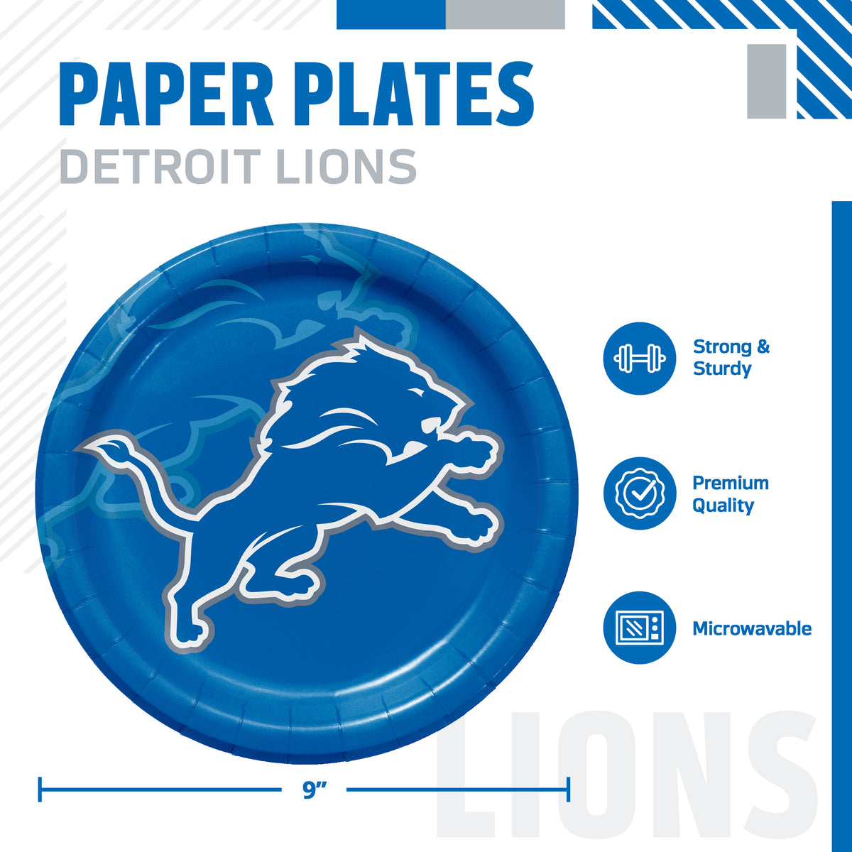 Detroit Lions themed paper plates, featuring a 9-inch round plate with a blue background and the Lions logo in the center. The image includes product specifications and feature icons on a white background.