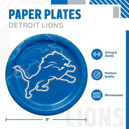 Detroit Lions themed paper plates, featuring a 9-inch round plate with a blue background and the Lions logo in the center. The image includes product specifications and feature icons on a white background.