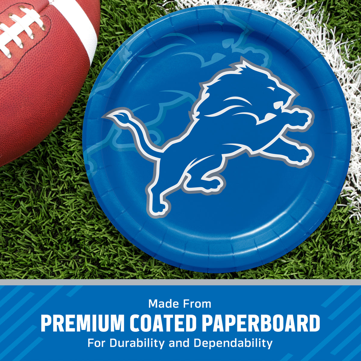 Detroit Lions themed paper plate on a green turf background next to a football, with a text banner at the bottom reading 'Made from PREMIUM COATED PAPERBOARD'.