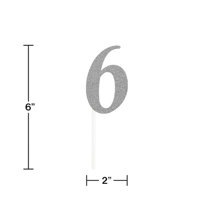 Number 6 Silver Glitter Cake Toppers 12 ct