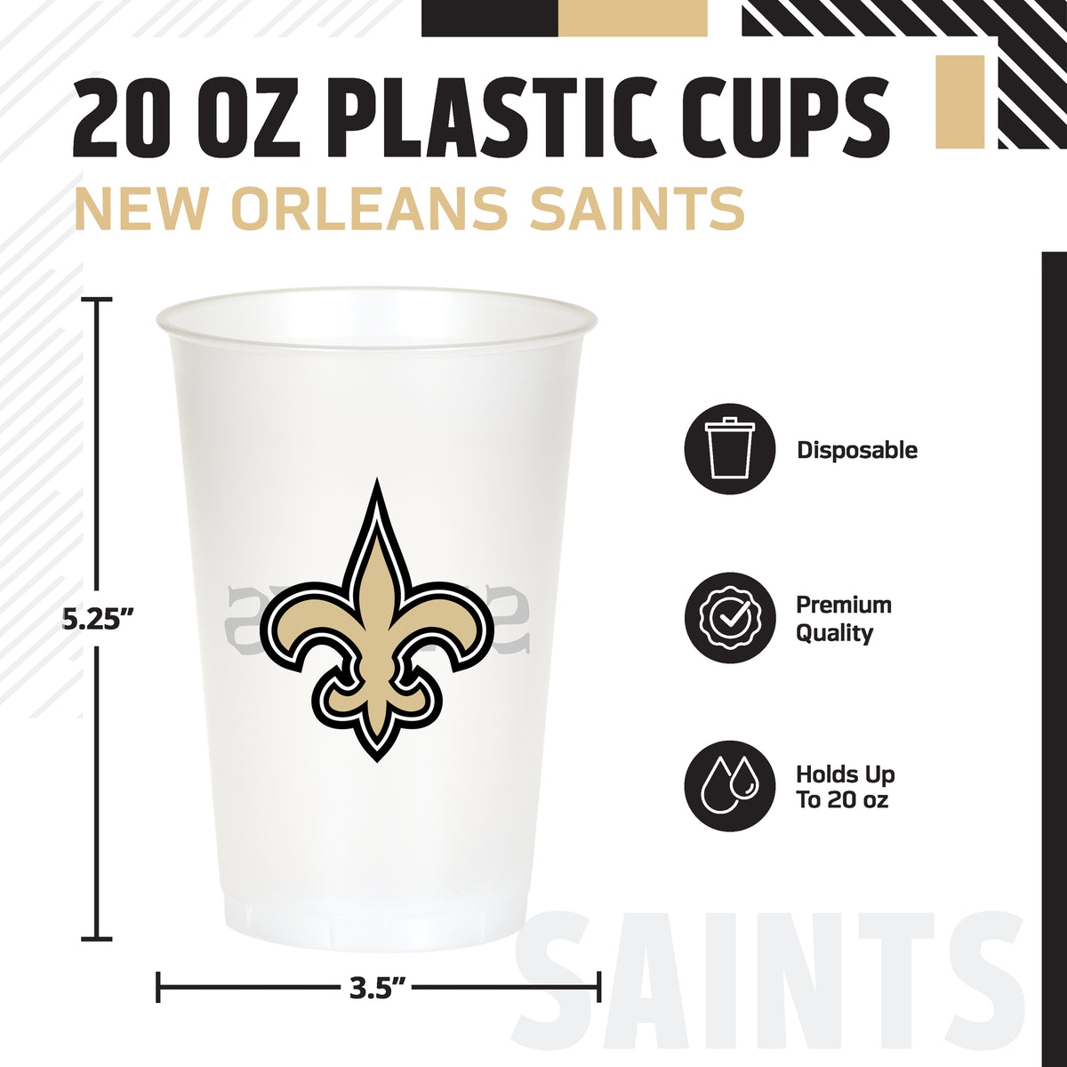 Officially Licensed New Orleans Saints NFL Football 20 oz Plastic Cups 96 ct Bulk