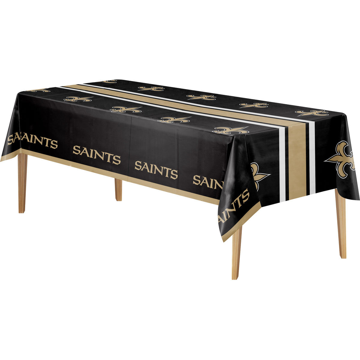 A rectangular table covered with a black tablecloth featuring gold and white stripes, repeated 'SAINTS' text, and the New Orleans Saints fleur-de-lis logo, shown on a plain white background.