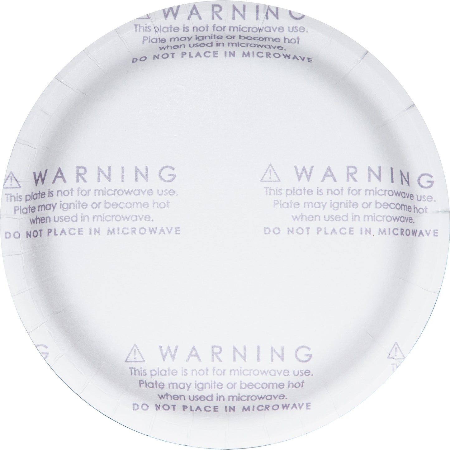 Warning label on bottom of paper plate with "This plate is not for microwave use" text