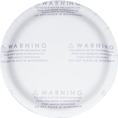 Warning label on bottom of paper plate with "This plate is not for microwave use" text