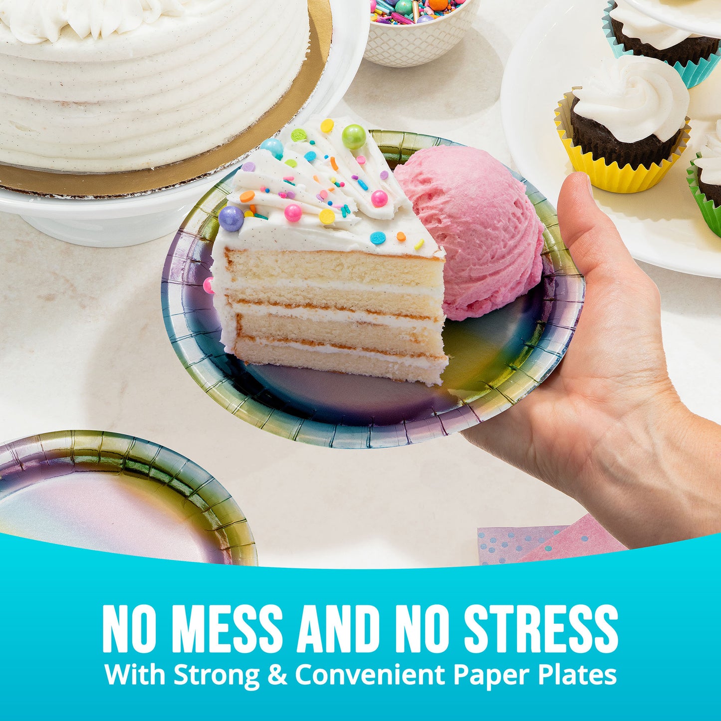 Iridescent dessert plate with cake and ice cream and "No mess and no stress" text