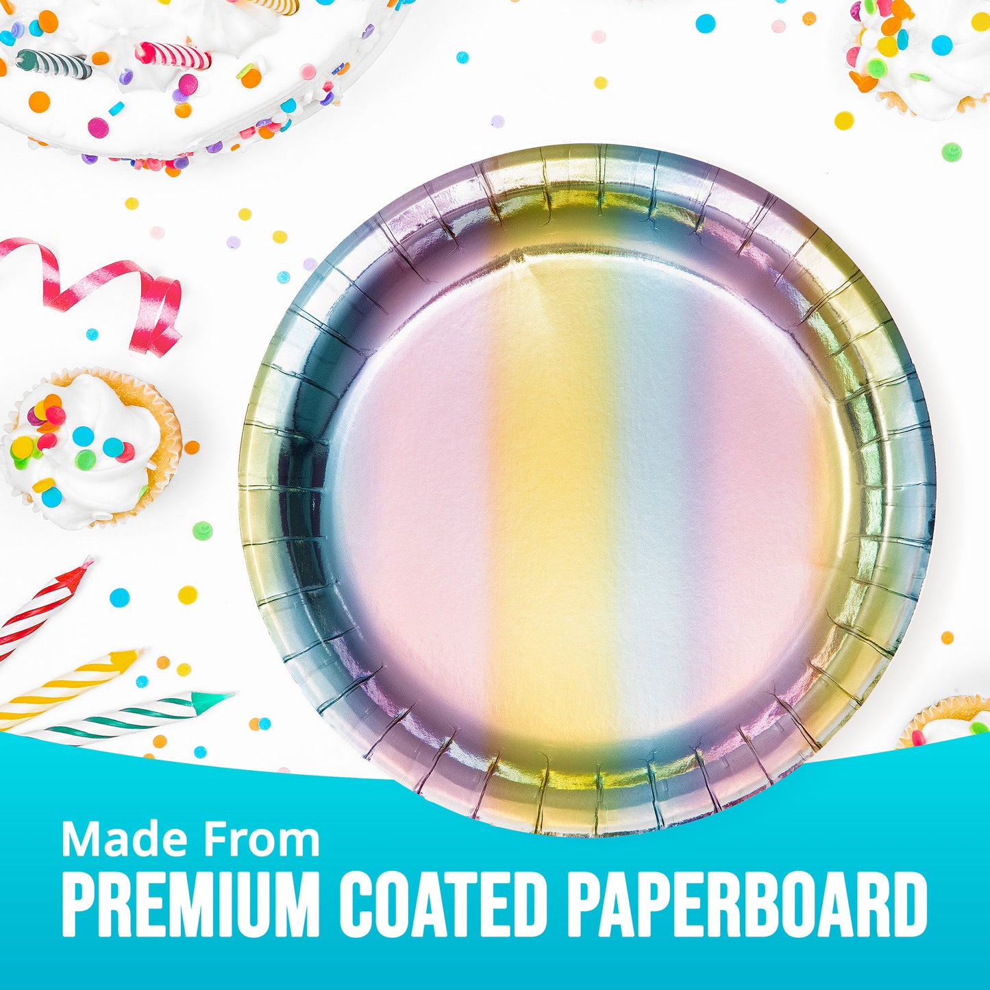 Iridescent dessert plate with shimmering colors of purple, pink, yellow, and blue on a background with confetti, cake and candles