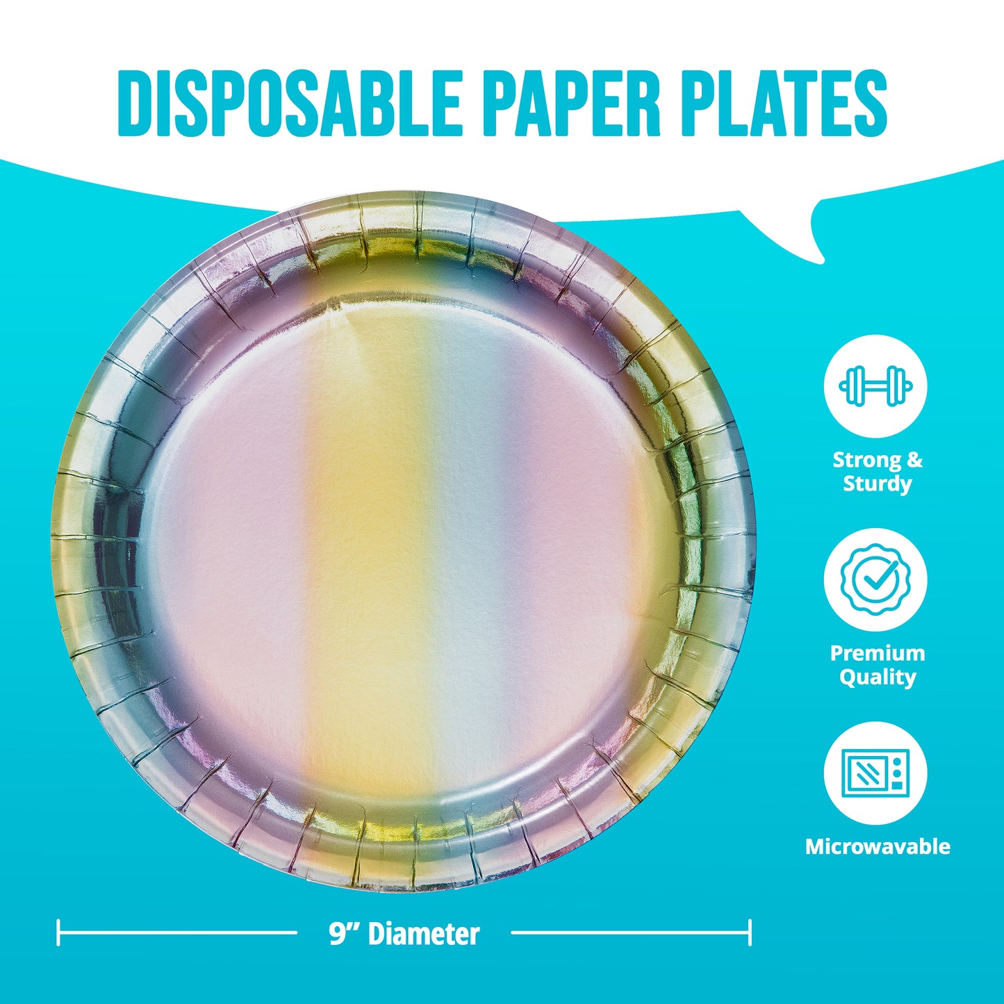 Iridescent dinner plate with shimmering colors of purple, pink, yellow, and blue on a blue background with infographic and dimensions