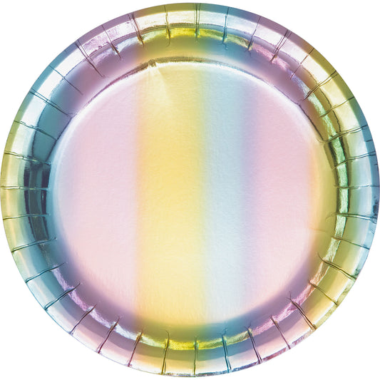 Iridescent dinner plate with shimmering colors of purple, pink, yellow, and blue on a white background