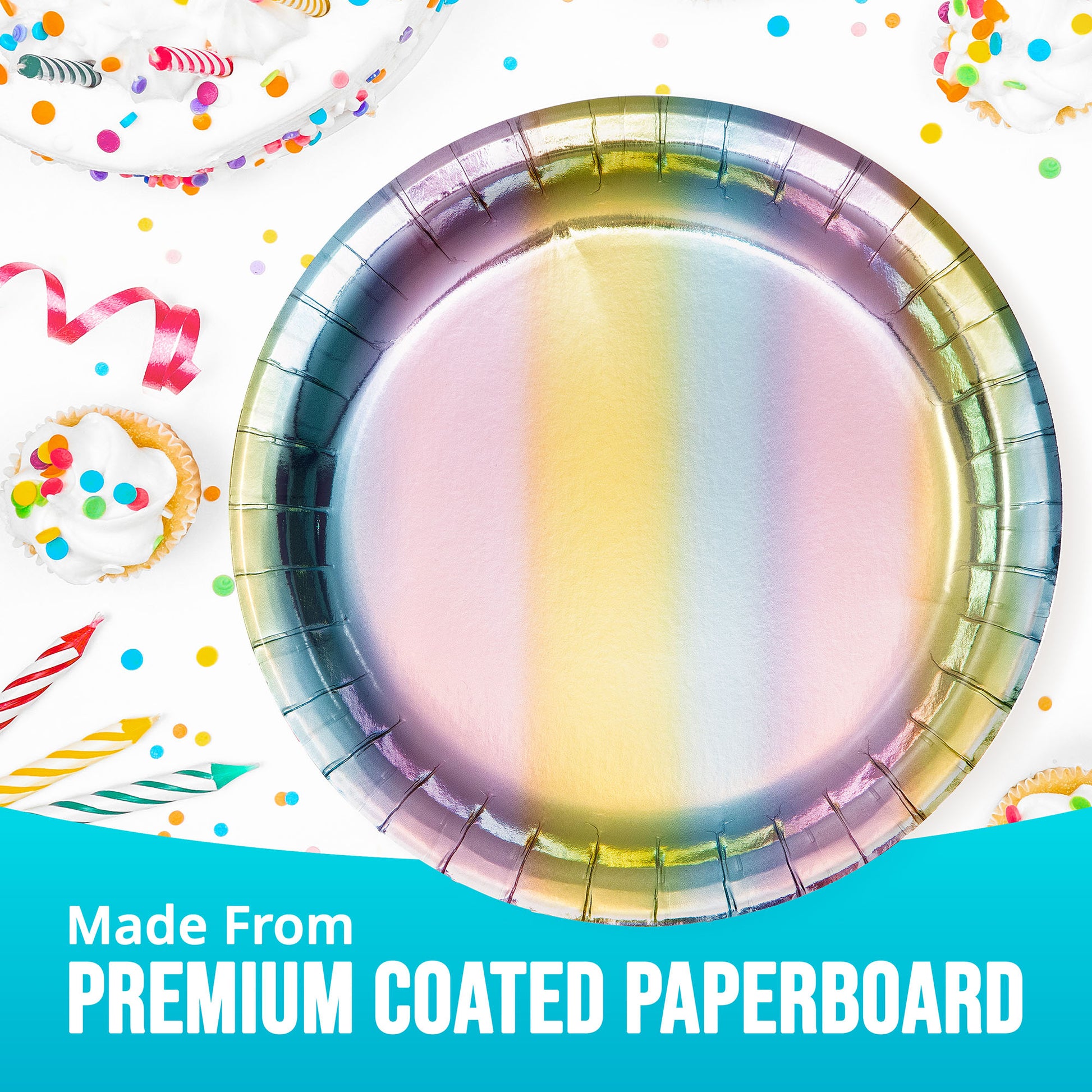 Iridescent dinner plate with shimmering colors of purple, pink, yellow, and blue on a white background with confetti, cake, and candles