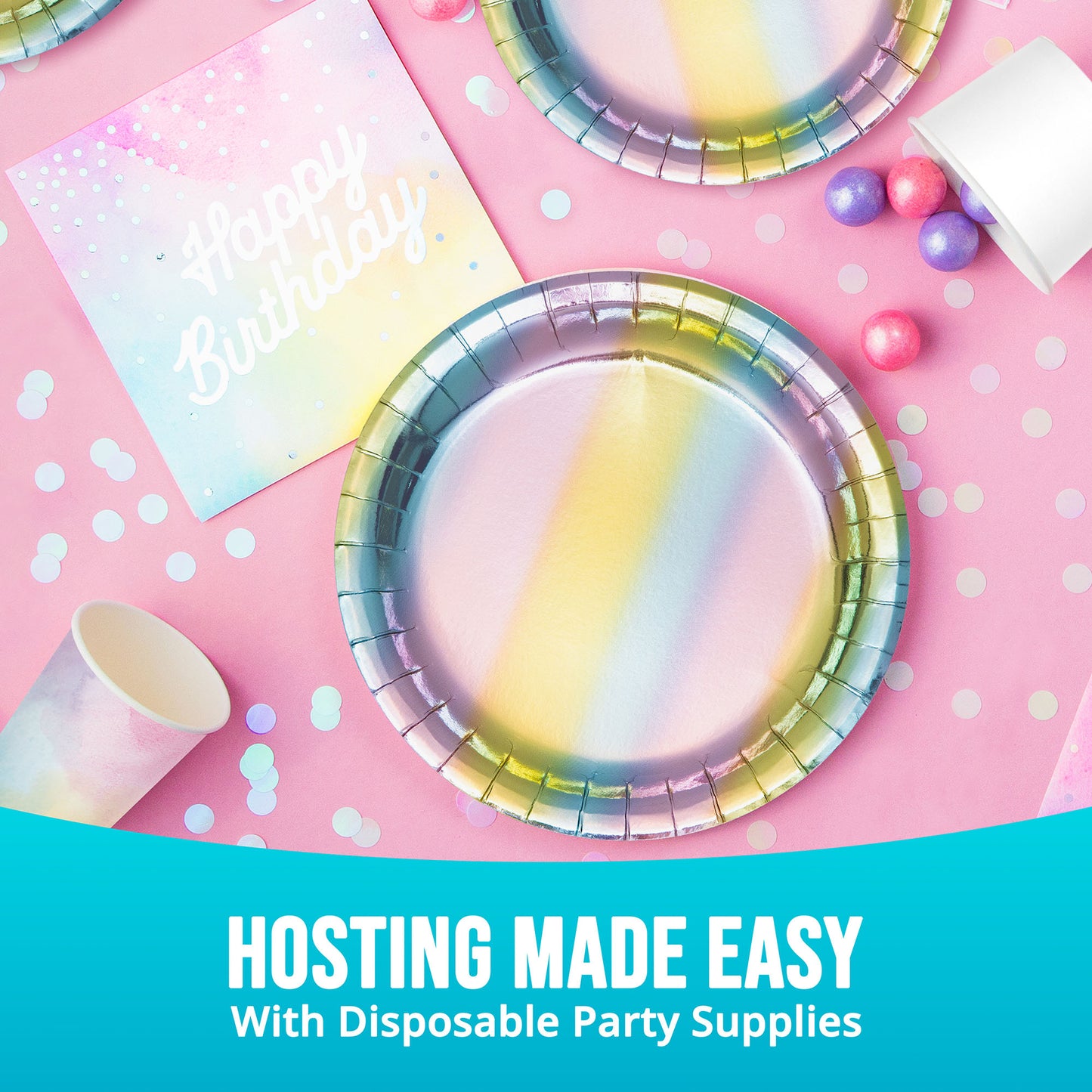 Iridescent dinner plate with shimmering colors of purple, pink, yellow, and blue on a pink background with a napkin, cup, and confetti