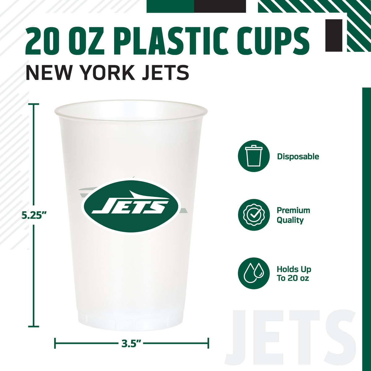 Officially Licensed New York Jets NFL Football 20 oz Plastic Cups 96 ct Bulk
