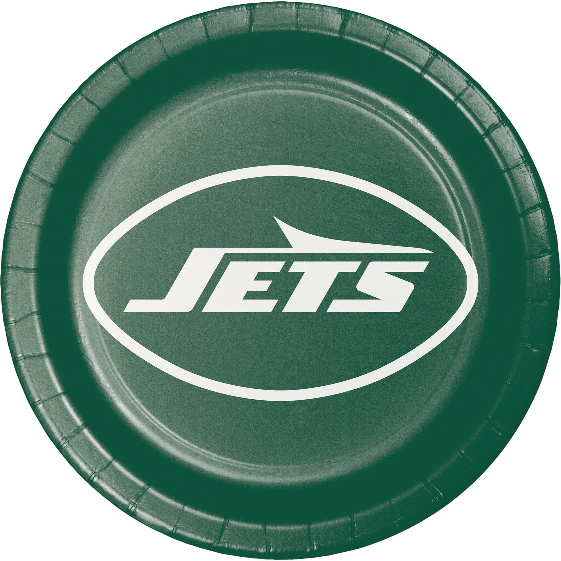 Green paper plate with 'Jets' logo on a white background